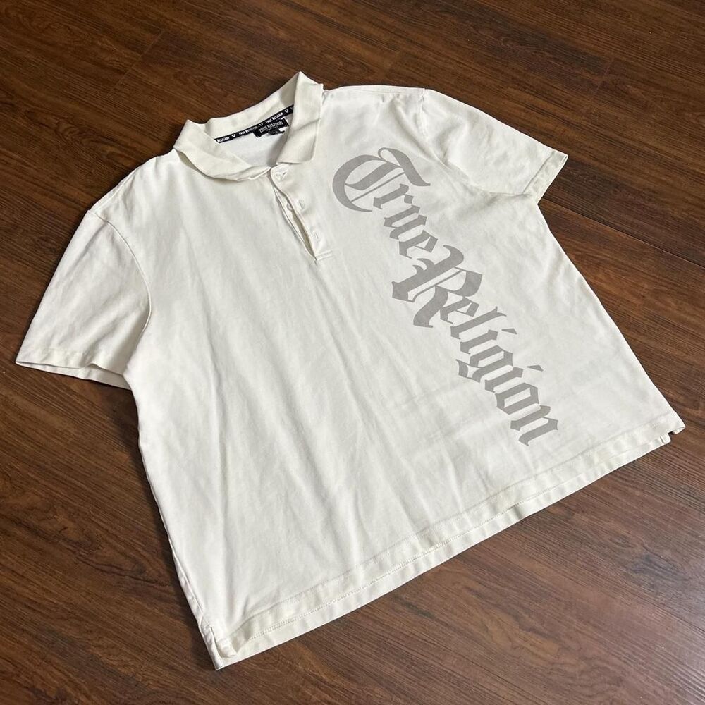 True Religion White Gothic Logo Polo Shirt Men's Sz XL Y2K Streetwear